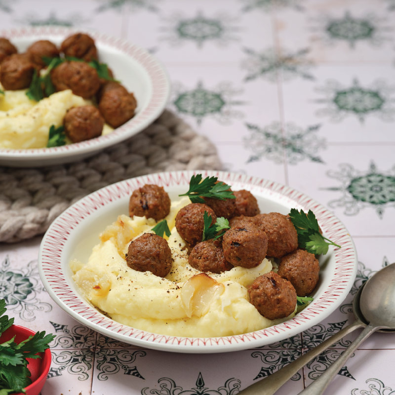 7 Star Meatballs with Roast Garlic Mashed Potato Patties Foods