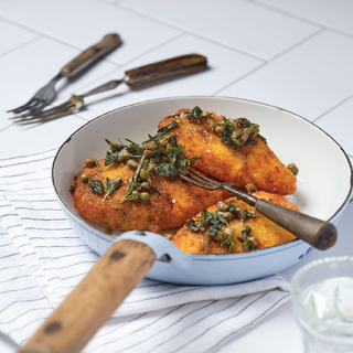 Leader Crumbed Beef Schnitzels with Burnt Caper Butter