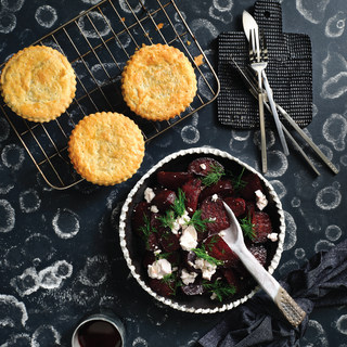 Herbert Adams Cabernet Sauvignon Pies with Honey Roasted Beetroots and Pink Peppercorn Goat Cheese