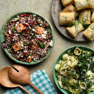 Patties Party Sausage Rolls with Roasted Sweet Potato and Goat Cheese Quinoa Salad