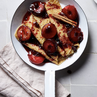 Patties Gluten-Free Crepes with Vanilla-Poached Plums and Honeycomb