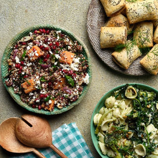 Patties Party Sausage Rolls with Roasted Sweet Potato and Goat Cheese Quinoa Salad
