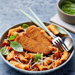 Ruffie Chicken-less Schnitzel with Penne Pomodoro